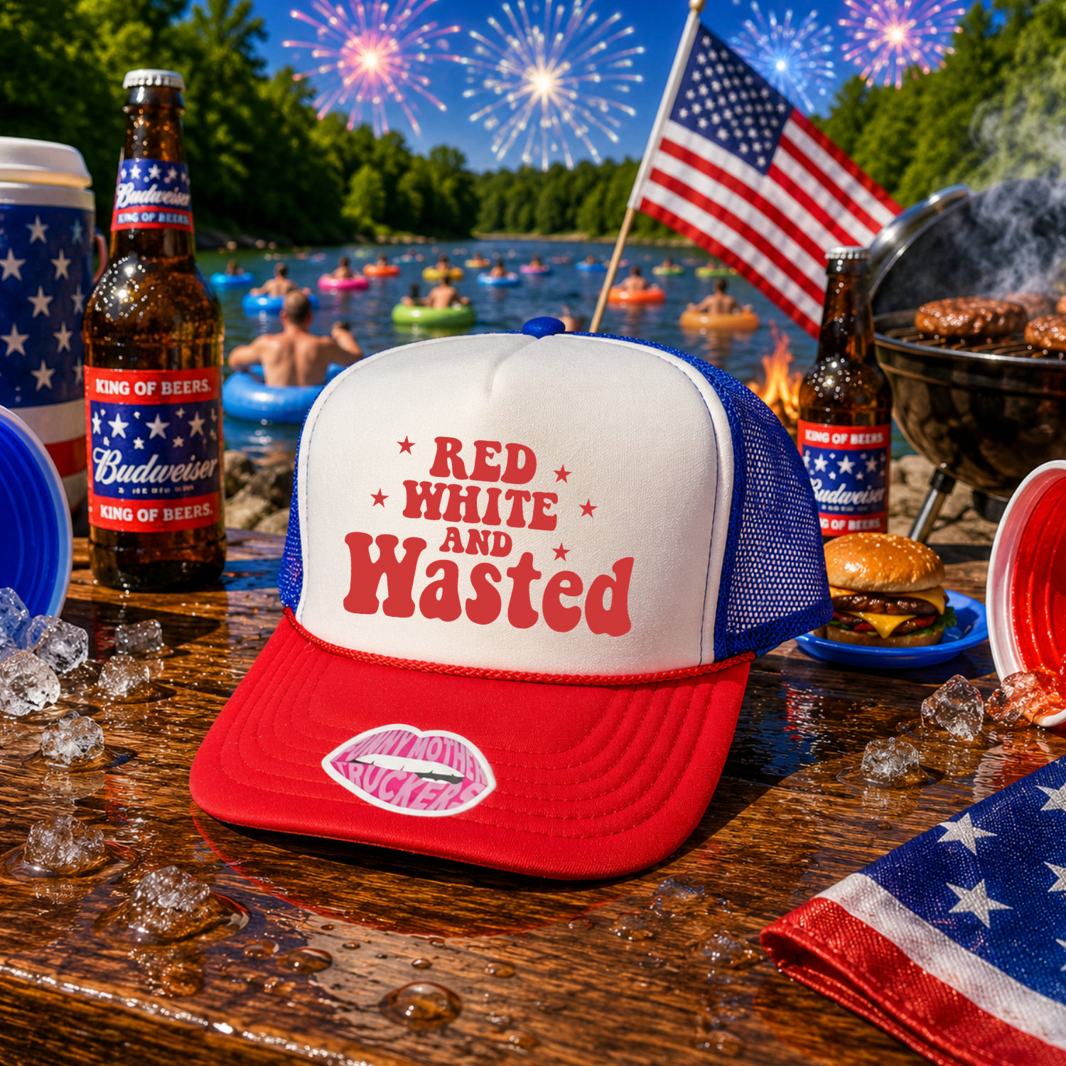 RED WHITE AND WASTED TRUCKER HAT