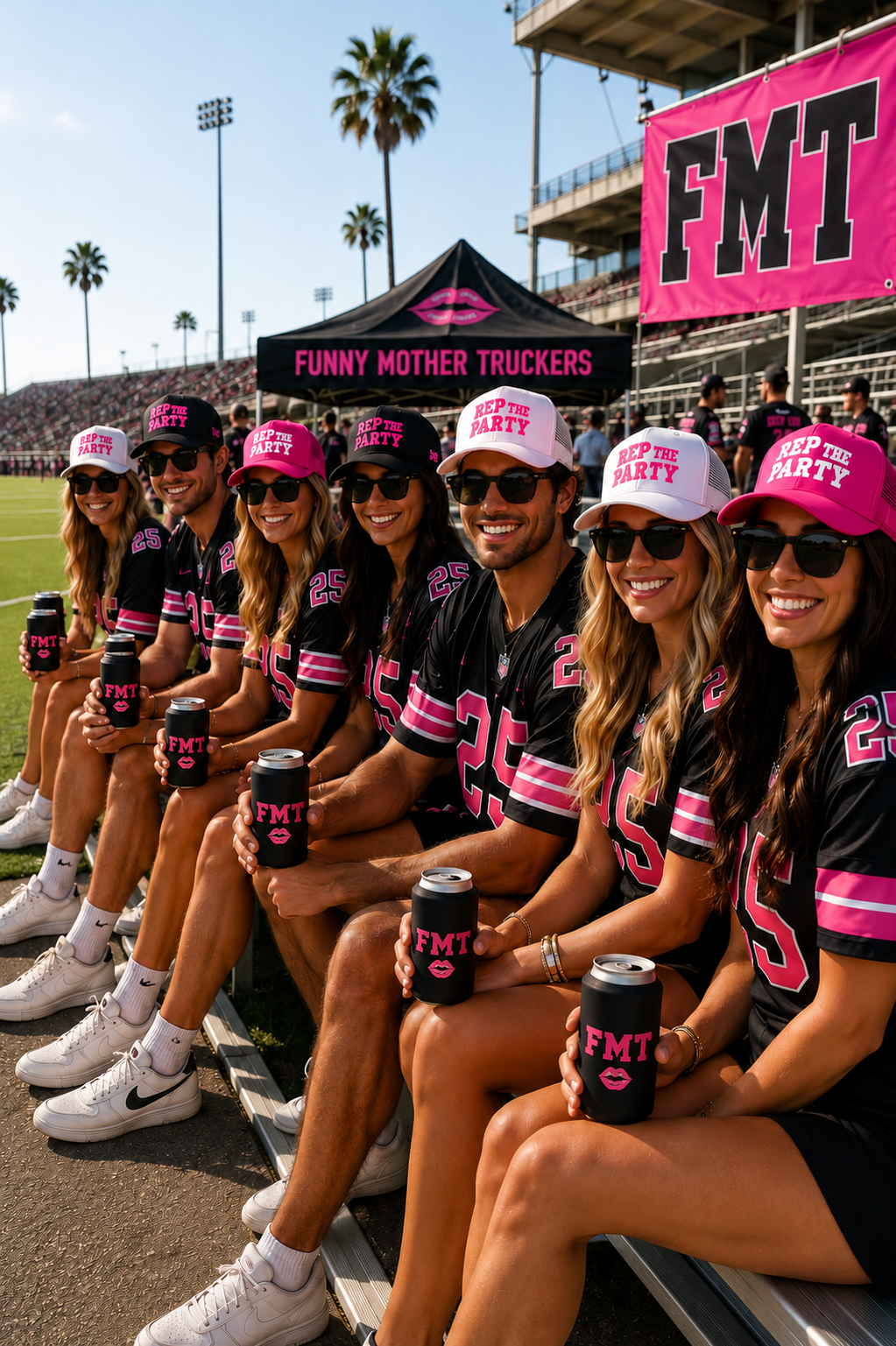 Funny Mother Truckers ambassadors sitting on a stadium bench