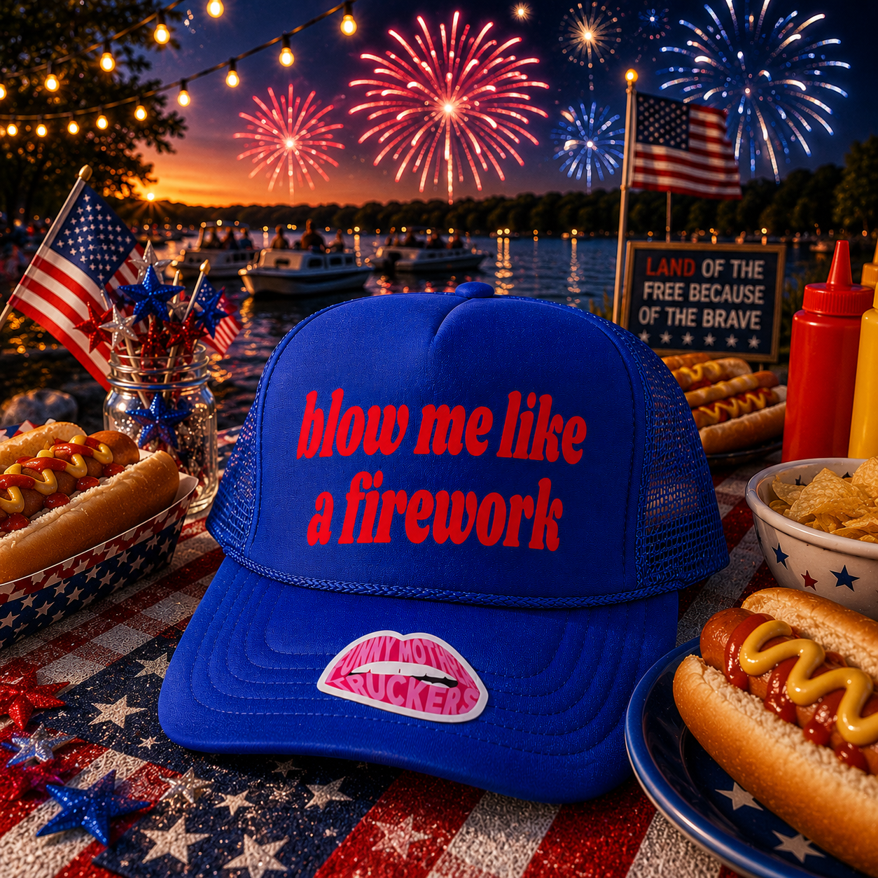 BLOW ME LIKE A FIREWORK TRUCKER HAT