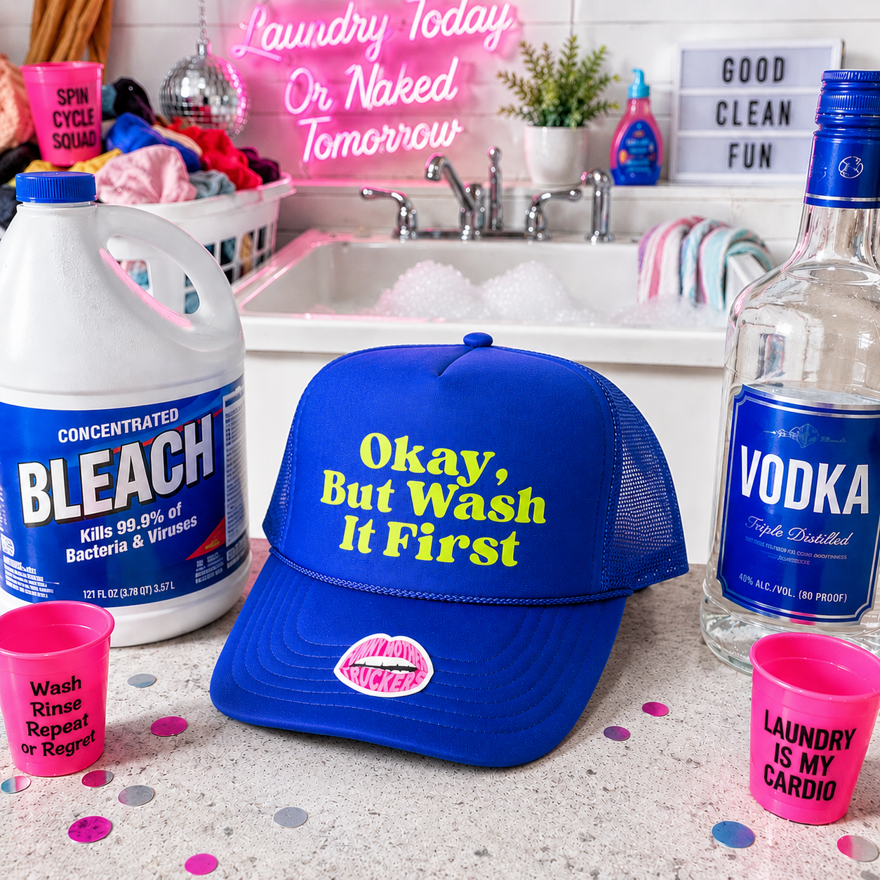 OKAY, BUT WASH IT FIRST TRUCKER HAT