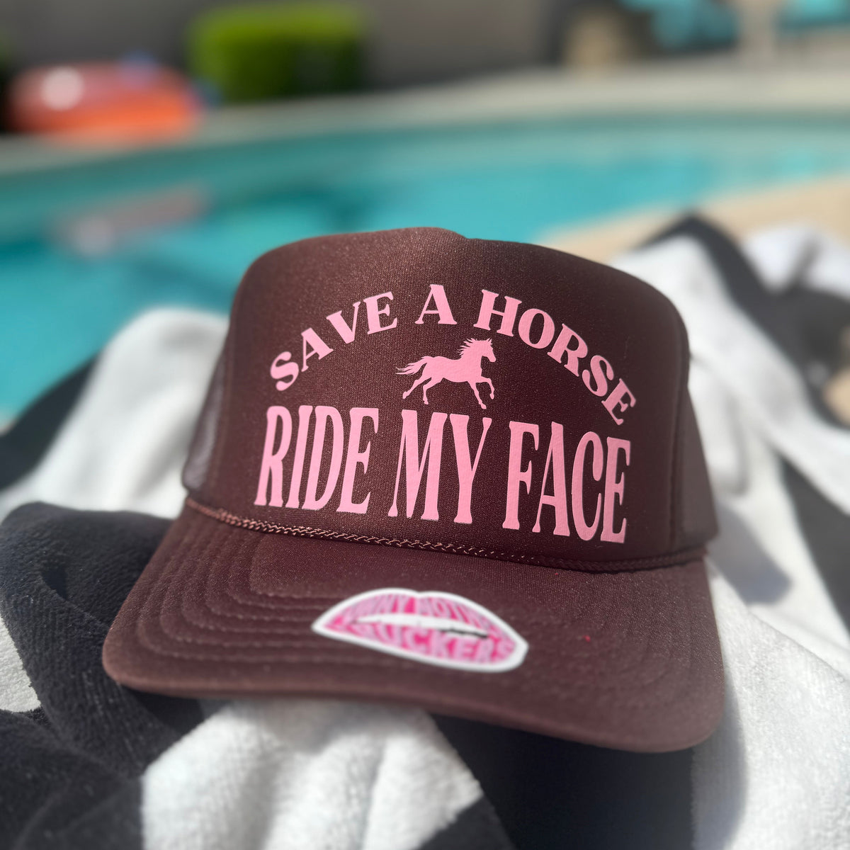 Brown cap with pink text 'Save a horse, ride my face' on a blurred background