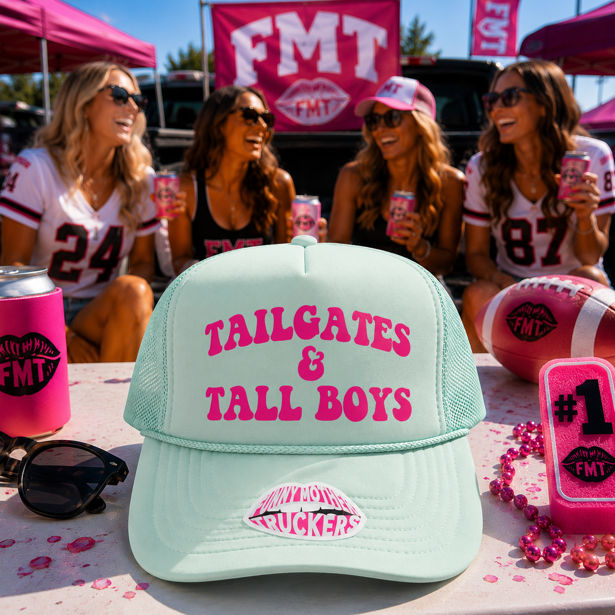 A mint green trucker hat with pink text reading 'TAILGATES & TALL BOYS' and a lip sticker on the brim, displayed on a table with pink tailgate-themed props and four women sitting in the background at an outdoor event.
