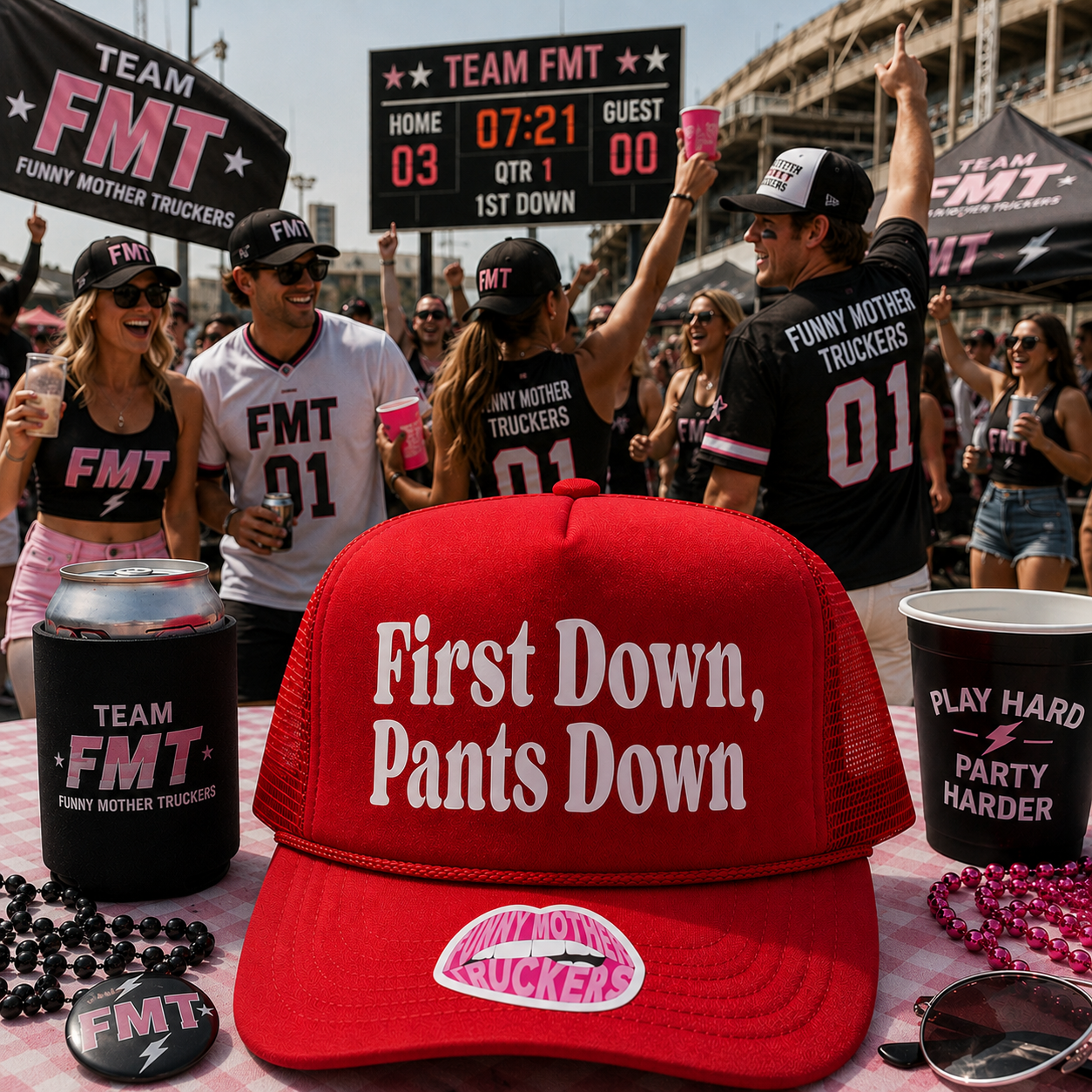 A red trucker hat with white text reading 'First Down, Pants Down' is displayed on a table in a lively outdoor sports event setting. The scene features people wearing matching black 'Team FMT Funny Mother Truckers' shirts and hats, with a scoreboard and branded cups, cans, and beads in the background.