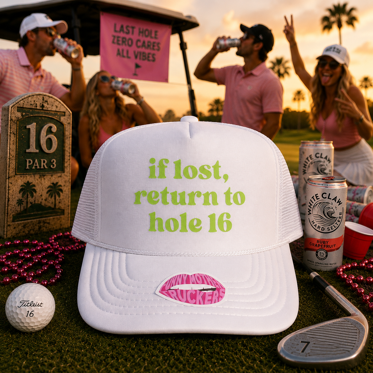 A white trucker hat with green text reading 'if lost, return to hole 16' and a pink lip graphic on the brim, styled on a golf course at sunset with people, beer cans, a golf ball, and a golf club in the background.