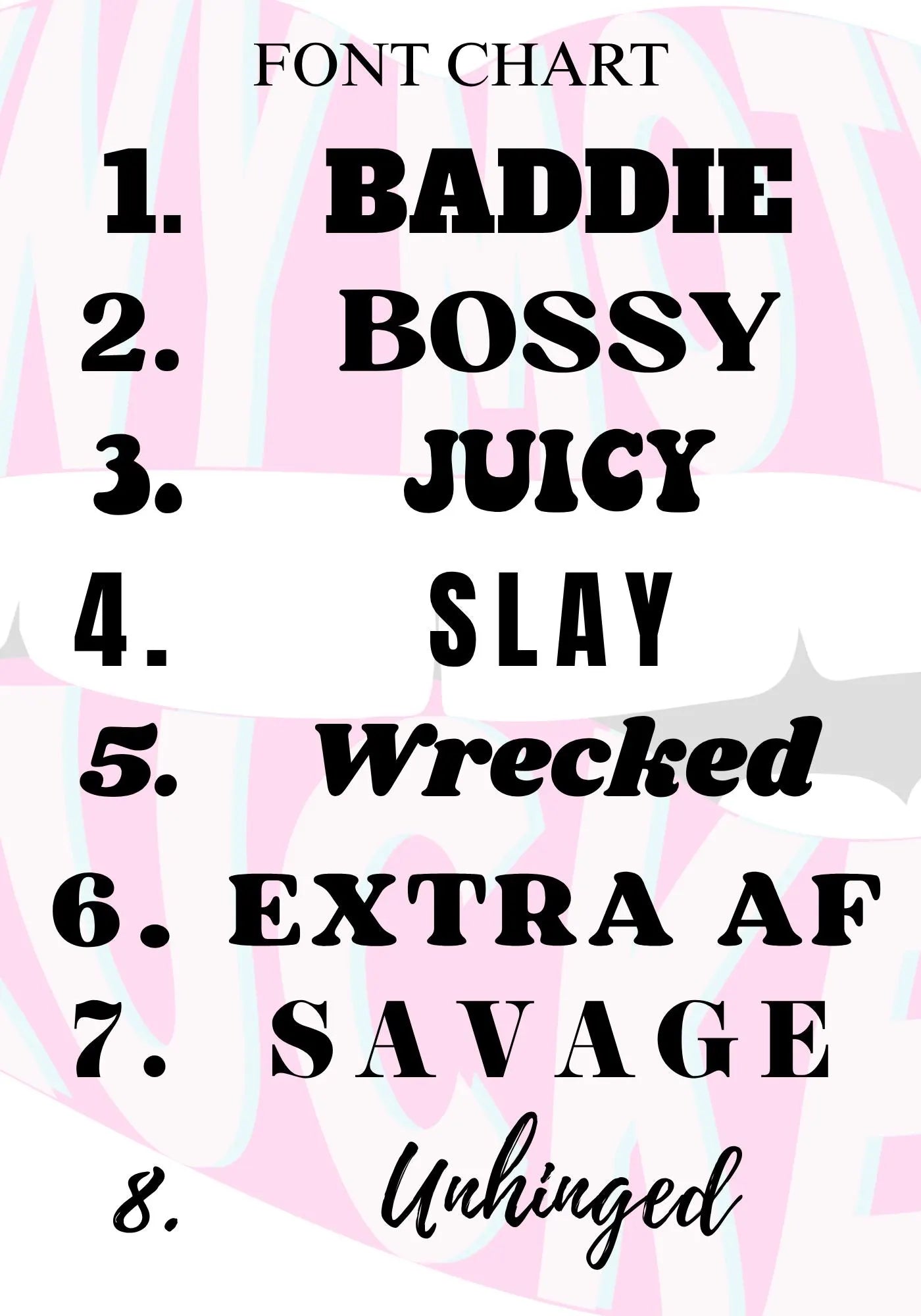 Font chart with various trendy fonts on a pink and white background