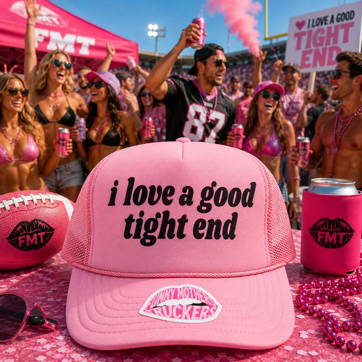 A pink trucker hat with black text reading 'i love a good tight end' is shown in the foreground at a crowded pink-themed football game. The hat has a pink brim with a lip-shaped patch reading 'I LOVE MY LOVERS BUCKERS.