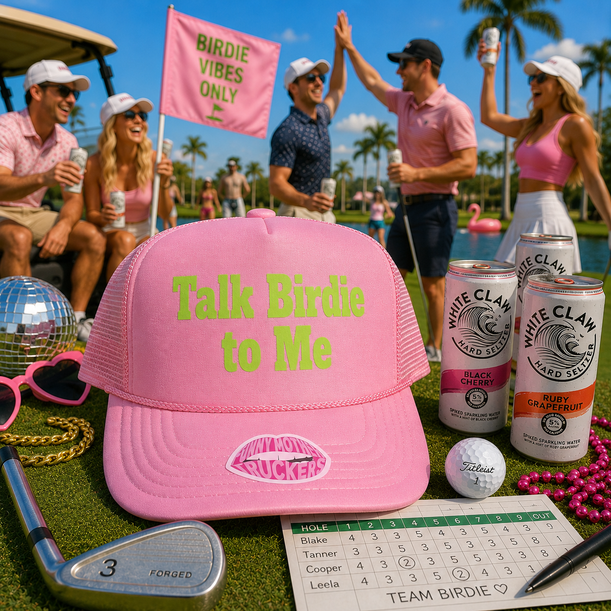 A pink trucker hat with 'Talk Birdie to Me' in neon yellow-green text and a lip print on the brim, displayed on a golf course with golf clubs, cans of White Claw alcohol-free canned beer, a golf ball, a scoreboard, and a pink flag in the background with people celebrating.