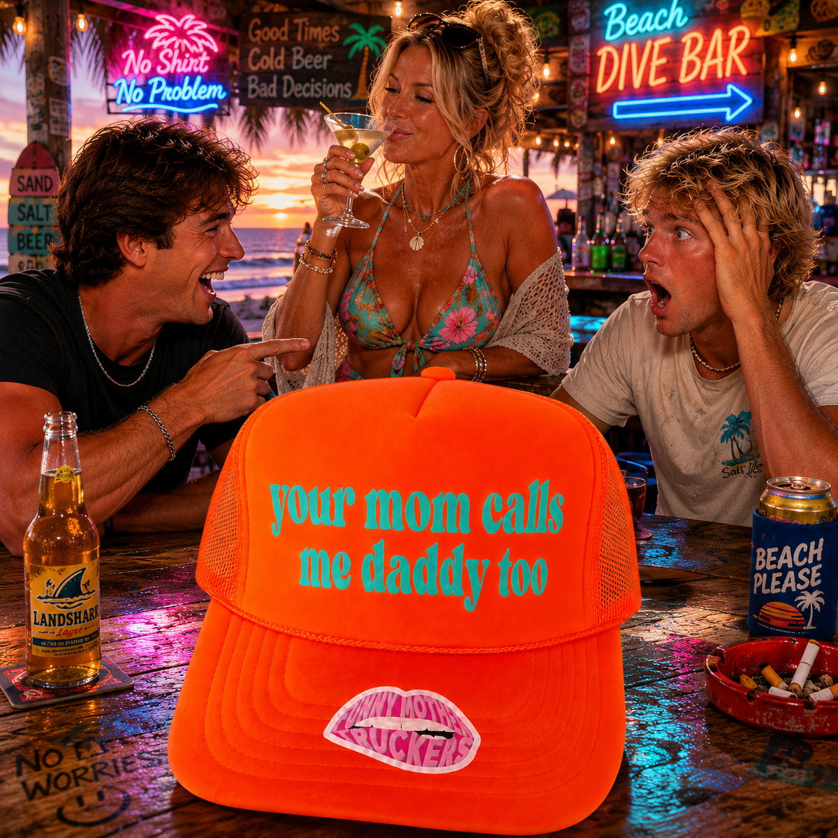 Orange cap with 'your mom calls me daddy too' text in a bar setting